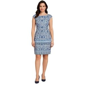 MAGGY LONDON Soft White Blue Printed Pencil Sheath Dress Sz 12 NWT